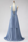 Stoffig blauw Baskisch taille chiffon korset Rhinestone lange galajurk met sjaal