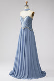Stoffig blauw Baskisch taille chiffon korset Rhinestone lange galajurk met sjaal