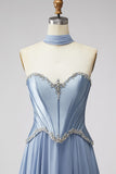Stoffig blauw Baskisch taille chiffon korset Rhinestone lange galajurk met sjaal