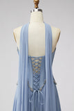 Stoffig blauw Baskisch taille chiffon korset Rhinestone lange galajurk met sjaal