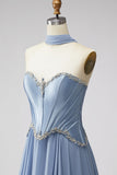 Stoffig blauw Baskisch taille chiffon korset Rhinestone lange galajurk met sjaal