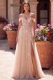Glitter off the shoulder champagne pailletten korset A-lijn tule lange galajurk met applicaties