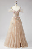 Glitter off the shoulder champagne pailletten korset A-lijn tule lange galajurk met applicaties