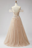 Glitter off the shoulder champagne pailletten korset A-lijn tule lange galajurk met applicaties