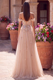 Glitter off the shoulder champagne pailletten korset A-lijn tule lange galajurk met applicaties