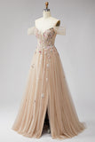 Glitter off the shoulder champagne pailletten korset A-lijn tule lange galajurk met applicaties