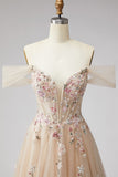 Glitter off the shoulder champagne pailletten korset A-lijn tule lange galajurk met applicaties