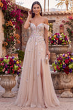 Glitter off the shoulder champagne pailletten korset A-lijn tule lange galajurk met applicaties