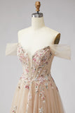 Glitter off the shoulder champagne pailletten korset A-lijn tule lange galajurk met applicaties