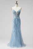 Lichtblauwe parels strapless zeemeermin galajurk met kralen