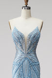 Lichtblauwe parels strapless zeemeermin galajurk met kralen