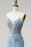 Lichtblauwe parels strapless zeemeermin galajurk met kralen