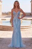 Lichtblauwe parels strapless zeemeermin galajurk met kralen