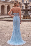 Lichtblauwe parels strapless zeemeermin galajurk met kralen