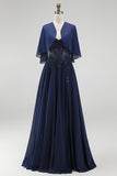 Marineblauw korset, Chiffon A-lijn spaghettibandjes, lange moeder van de bruid jurk met cape