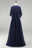 Marineblauw korset, Chiffon A-lijn spaghettibandjes, lange moeder van de bruid jurk met cape
