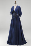 Marineblauw korset, Chiffon A-lijn spaghettibandjes, lange moeder van de bruid jurk met cape