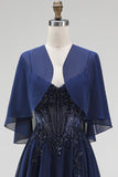 Marineblauw korset, Chiffon A-lijn spaghettibandjes, lange moeder van de bruid jurk met cape