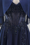 Marineblauw korset, Chiffon A-lijn spaghettibandjes, lange moeder van de bruid jurk met cape