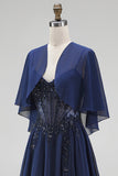 Marineblauw korset, Chiffon A-lijn spaghettibandjes, lange moeder van de bruid jurk met cape