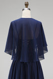 Marineblauw korset, Chiffon A-lijn spaghettibandjes, lange moeder van de bruid jurk met cape