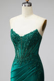 Glitter donkergroene zeemeermin korset satijn strapless lange galajurk met kralen