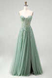 Glitter Stoffy Salie Korset Bloemige Applicaties Tule Strapless Pailletten Lange Galajurk met split