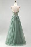 Glitter Stoffy Salie Korset Bloemige Applicaties Tule Strapless Pailletten Lange Galajurk met split