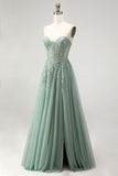 Glitter Stoffy Salie Korset Bloemige Applicaties Tule Strapless Pailletten Lange Galajurk met split