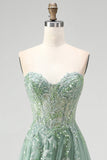 Glitter Stoffy Salie Korset Bloemige Applicaties Tule Strapless Pailletten Lange Galajurk met split