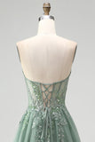 Glitter Stoffy Salie Korset Bloemige Applicaties Tule Strapless Pailletten Lange Galajurk met split