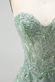 Glitter Stoffy Salie Korset Bloemige Applicaties Tule Strapless Pailletten Lange Galajurk met split