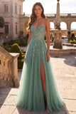 Glitter Stoffy Salie Korset Bloemige Applicaties Tule Strapless Pailletten Lange Galajurk met split