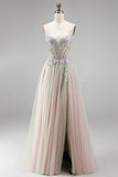 Dusty Rose Floral Appliques Rhinestone korset tule A-lijn strapless lange galajurk met split