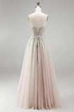 Dusty Rose Floral Appliques Rhinestone korset tule A-lijn strapless lange galajurk met split