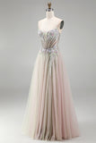 Dusty Rose Floral Appliques Rhinestone korset tule A-lijn strapless lange galajurk met split