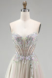 Dusty Rose Floral Appliques Rhinestone korset tule A-lijn strapless lange galajurk met split