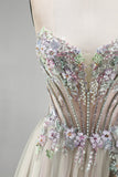 Dusty Rose Floral Appliques Rhinestone korset tule A-lijn strapless lange galajurk met split