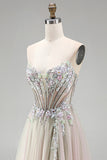 Dusty Rose Floral Appliques Rhinestone korset tule A-lijn strapless lange galajurk met split