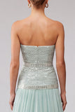 Mint pailletten geplooide chiffon A-lijn strapless lange galajurk met kralen