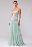 Mint pailletten geplooide chiffon A-lijn strapless lange galajurk met kralen