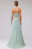 Mint pailletten geplooide chiffon A-lijn strapless lange galajurk met kralen