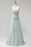 Mint pailletten geplooide chiffon A-lijn strapless lange galajurk met kralen
