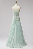 Mint pailletten geplooide chiffon A-lijn strapless lange galajurk met kralen