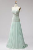 Mint pailletten geplooide chiffon A-lijn strapless lange galajurk met kralen