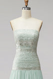 Mint pailletten geplooide chiffon A-lijn strapless lange galajurk met kralen