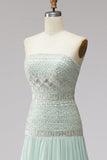 Mint pailletten geplooide chiffon A-lijn strapless lange galajurk met kralen