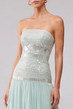 Mint pailletten geplooide chiffon A-lijn strapless lange galajurk met kralen