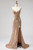 Glinsterend gouden korset Zeemeermin Strassstenen Palilletten Strapless Lange Galajurk met split