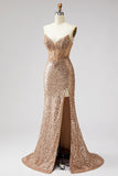 Glinsterend gouden korset Zeemeermin Strassstenen Palilletten Strapless Lange Galajurk met split